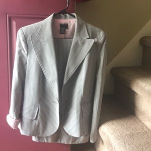 2 pc Grey suit w/ pink & dark grey stripes